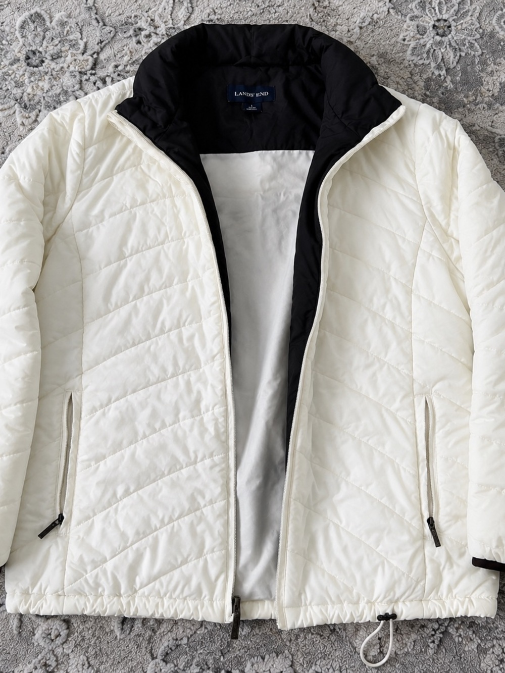Lands' End Cream Quilted Jacket with Black Trim